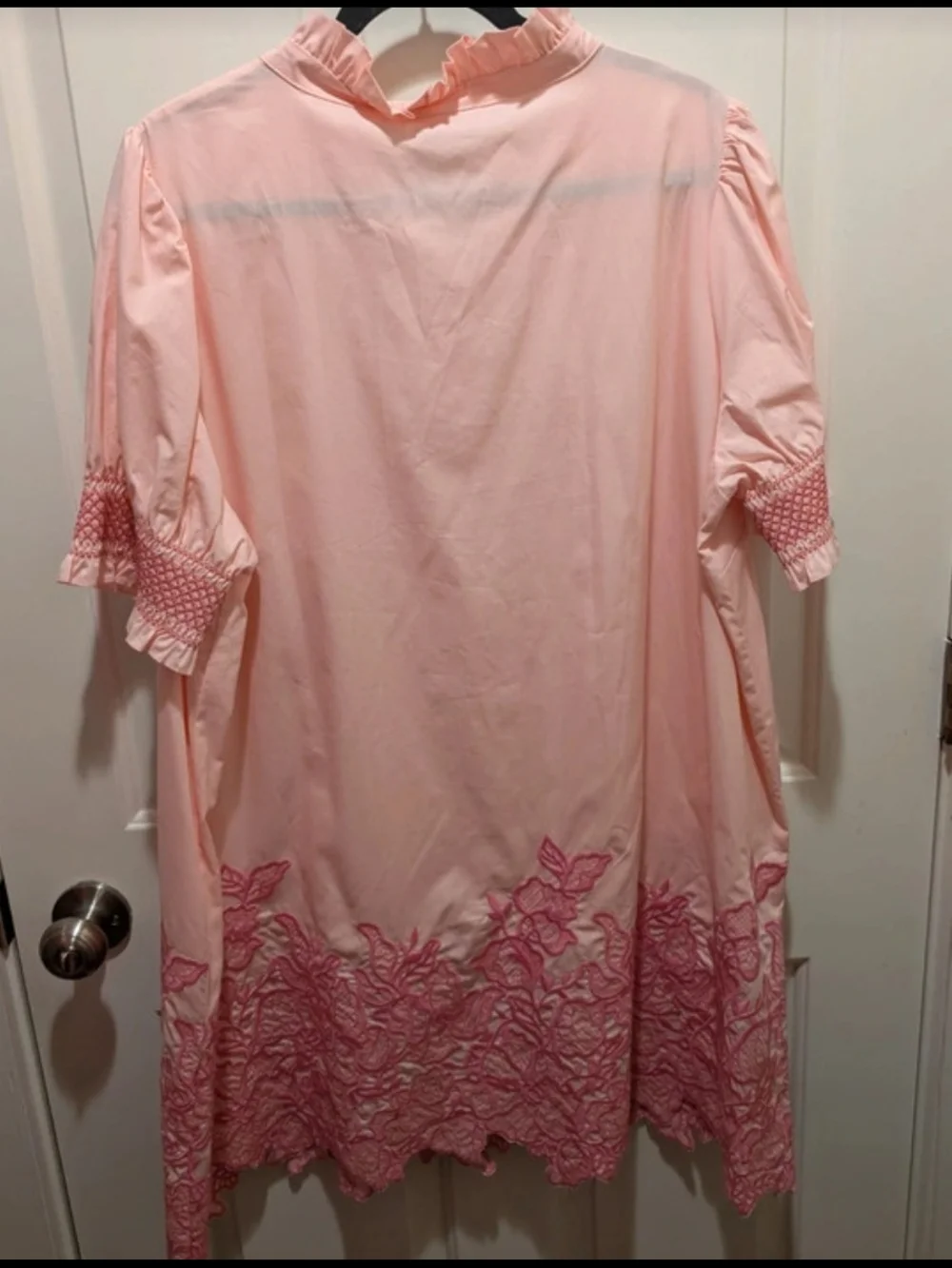 SugarLips Pink Embroidered Shift Dress With Elastic Sleeve And Ruffle Collar